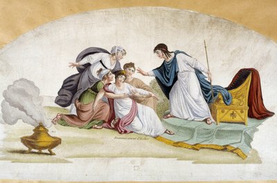 El desmayo de Ester - Proyecto de abanico, c. 1810 de Unknown artist