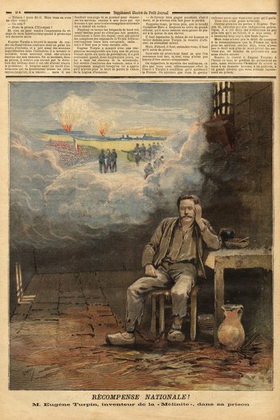 Eugene Turpin (1848-1927) químico, inventor en 1884 de la melinita (un explosivo), en su celda, acusado (erróneamente) de haber vendido su invento al enemigo. Inspiró a Jules Verne para el personaje de Thomas Roch en la novela “Face au drapeau”. Grabado en de Unknown artist