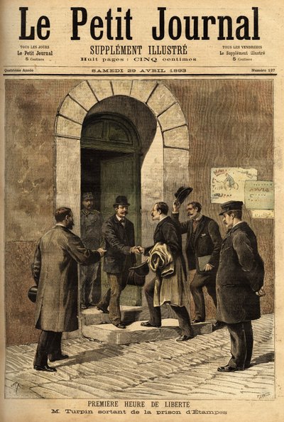 Eugene Turpin (1848-1927), químico, inventor en 1884 de la melinita (un explosivo), acusado injustamente de haber vendido su invención al enemigo, fue inocente y liberado de la prisión de Etampes. Grabado en “Le petit journal” 29/04/1893. Colección Selva de Unknown artist