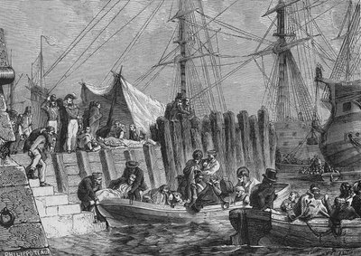 Evacuación de Flesringe por los ingleses en 1802: embarque de los enfermos - en “Histoire de France” de Henri Martin, siglo XIX. de Unknown artist