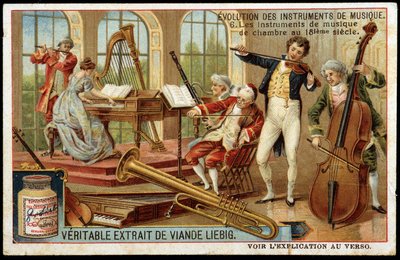Evolución de los instrumentos musicales: instrumentos musicales de cámara en el siglo XVIII - cromolitografía de Liebig de Unknown artist