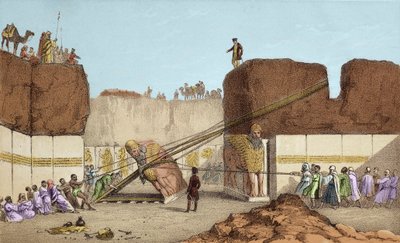 Excavaciones de Nínive - Las ruinas de Nimrud por Henri Layard (después de su viaje a Mesopotamia en el siglo XIX); reemplazo del gran toro alado - El envío de un toro alado desde Nimrud, durante las excavaciones de Sir Austen Henry de Unknown artist