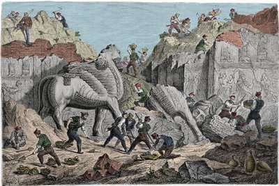 Excavaciones emprendidas por Paul-Emile Botta, cónsul de Francia en Nínive en el sitio de Khorsabad, antigua capital asiria al norte de Mosul. Irak. Grabado del siglo XIX de Unknown artist