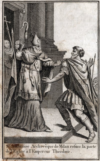 Excomunión: el arco de San Ambrosio de Milán (Aurelio Ambrosio, Ambrogio di Milano (340-397) niega la entrada a la iglesia al emperador romano Teodosio I (Flavio Teodosio) (347-395) para castigarlo por la masacre de Tesalónica en 390. Grabado en de Unknown artist