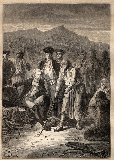 Expedición alrededor del mundo (1785-1788) por Jean François Galaup de La Pérouse (1741-1788): los marineros desembarcan en la isla Saghalian (Sakhaline) y se encuentran con un anciano que les dibujó un mapa de Tartaria - ilustración tomada de “Los Grandes de Unknown artist