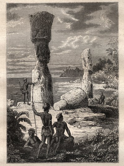 Expedición alrededor del mundo (1785-1788) por Jean François Galaup de La Pérouse (1741-1788): indígenas de la Isla de Pascua mirando estatuas monumentales (Moai) - ilustración tomada de “Los Grandes Marineros del siglo XVIII” de Unknown artist