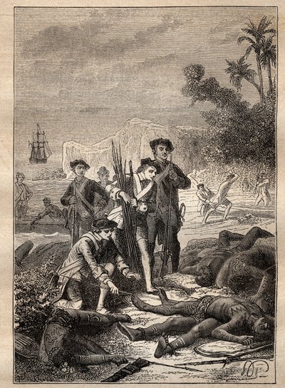 Expedición de Jean Francois de Surville (1717-1770) en los Mares del Sur (1769-1770): los marineros de Surville recogen las armas de los indígenas muertos durante la batalla (Nueva Irlanda, Papúa Nueva Guinea) - ilustración tomada de "The Great Mariners" de Unknown artist