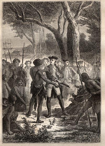 Expedición de Nicolas Thomas Marion-Dufresne (Marion Dufresne) (1729-1772): Marion desembarcó en la Bahía Frederick Henry (Tasmania) y fue ofrecido un brandon encendido por los indígenas - ilustración tomada de “Los Grandes Navegantes del siglo XVIII” de Unknown artist
