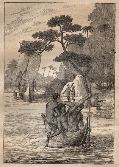 Expedición de Nicolas Thomas Marion-Dufresne (Marion Dufresne) (1729-1772): canoas de las islas del Almirantazgo (Archipiélago Bismarck, Papúa Nueva Guinea) - ilustración tomada de “Los grandes marineros del siglo XVIII” de Unknown artist