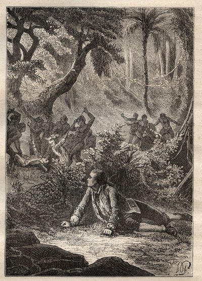 Expedición de Nicolas Thomas Marion-Dufresne (Marion Dufresne) (1729-1772): el único marinero sobreviviente presencia la masacre de todos sus compañeros, incluido Marion, por los nativos de la Bahía de los Asesinos (Isla Matuaro, Nueva Zelanda) - ilustraci de Unknown artist