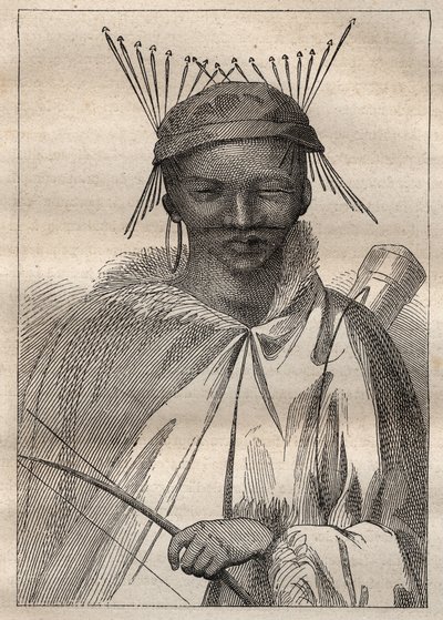 Expedición al interior de las tierras de Sudáfrica (1775) por Anders Sparrman (1748-1820): un bosquimano (Bochiman o San, indígena del sur de África) - ilustración tomada de "The Great Mariners of the 18th century" de Unknown artist