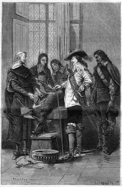 Experiencia de William Harvey (1578-1657), médico inglés mostrando a Carlos I Estuardo (1600-1649) rey de Inglaterra y a los médicos del Royal College de Londres el fenómeno de la circulación sanguínea en una cierva viva. Grabado en "La Nature" de Unknown artist