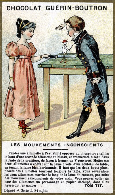 Experiencia de dos niños con fósforos y un cuchillo. Cromolitografía del embalaje de chocolates Guérin Boutron. de Unknown artist