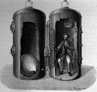 Experiencia sobre la presión barométrica por el fisiólogo Paul Bert (1833-1886): respiración de un aire sobreoxigenado, dilatado al disminuir la presión. Grabado en "La Nature: revue des sciences et de leurs aplicaciones aux arts et a l
