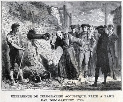 Experimento en telegrafía acústica, realizado en París por Gauthey en 1782, grabado del siglo XIX, colección Bianchetti de Unknown artist