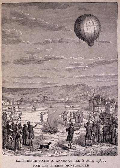 Experimento realizado en Annonay el 5 de junio de 1783 por los Hermanos Montgolfier - en "Los Contemporáneos", s.f. finales del siglo XIX de Unknown artist