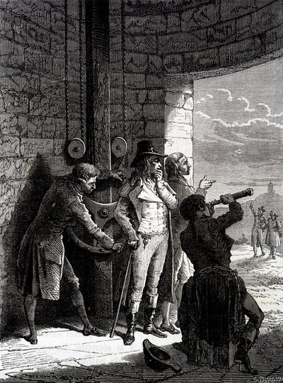 Experimento del telégrafo de Chappe realizado el 12 de julio de 1793, de Ménilmontant a Saint-Martin-du-Tertre ante los comisionados de la Convención - en "Las maravillas de la industria" por Louis Figuier de Unknown artist