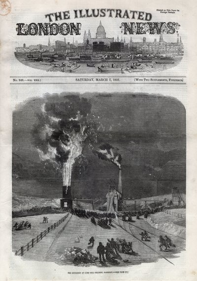 Explosión en la mina de carbón de Lund Hill (Lundhill) en Barnsley, Inglaterra. Un periódico. Grabado en “The Illustrated London News” del 7 de marzo de 1858. de Unknown artist