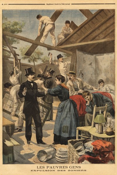 Expulsión y elemento de los barracones instalados en la zona militar en la puerta de Gentilly. Ilustración en "Le petit journal" 23/06/1895. de Unknown artist