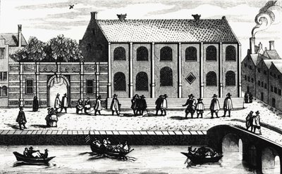 Vista exterior del edificio de la Universidad de Leiden fundada en 1575 por Guillermo de Nassau. Grabado después de 