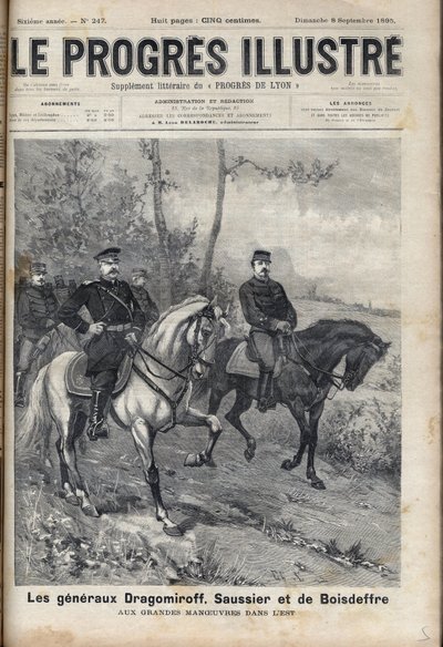 RELACIONES FRANCO-RUSAS - General francés Saussier y General ruso Dragomirov Mikhail Ivanovich Dragomirov (Michael Ivanovich Dragomiroff) (1830-1905) y Raoul Francois Charles Le Mouton de Boisdeffre en el momento de las maniobras del ejército en los Vosgos de Unknown artist