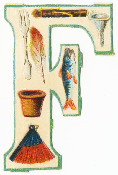 F: tenedor, flauta, embudo, maceta, pluma, pez, abanico de Unknown artist