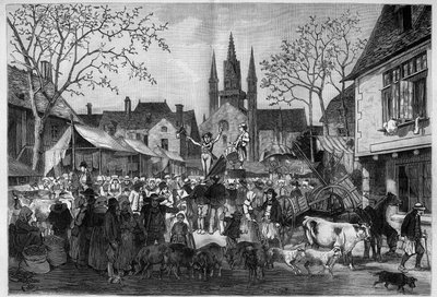 Feria en Bretaña en la plaza de un pueblo. Grabado en "Le Monde Illustré" de Unknown artist