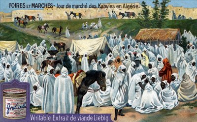 Ferias y mercados: Día de mercado en Kabyl, Argelia. Cromolitografía, imagen de Liebig de Unknown artist