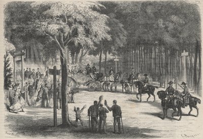 Estancia familiar en Fontainebleau: excursión de sus majestades a las ruinas de Franchart. Una boda saluda el paso del emperador Napoleón III (1808-1873) y su familia. Grabado en “L