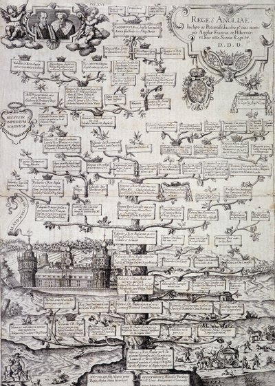 Árbol genealógico de la Familia Real de Inglaterra desde el siglo XII hasta el siglo XVII - grabado de Unknown artist