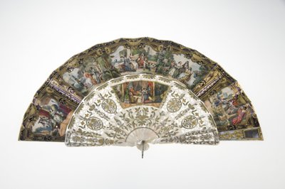 Abanico, c.1860, Papel impreso y pintado, nácar, metales de oro, plata y cobre, y espejo, Fabricante desconocido de Unknown artist