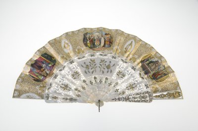 Abanico, c.1860, Papel impreso y pintado, nácar, oro, plata y metales de cobre, Espejo, Fabricante desconocido de Unknown artist