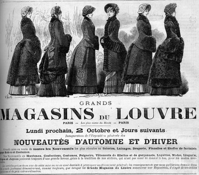 Moda femenina del siglo XIX: anuncio para los grandes almacenes del Louvre. de Unknown artist