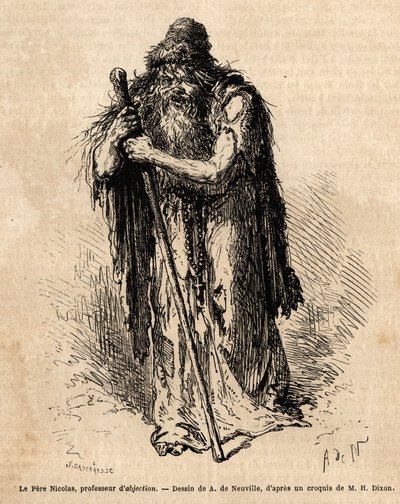 Padre Nicolás, profesor de abyección y monje ermitaño de Solovetsk considerado por sus pares de la Iglesia Oriental como la perfección de la vida cristiana. Sigue un camino singular de ascetismo, rechazando toda higiene y cuidado, vistiendo solo en harapo de Unknown artist