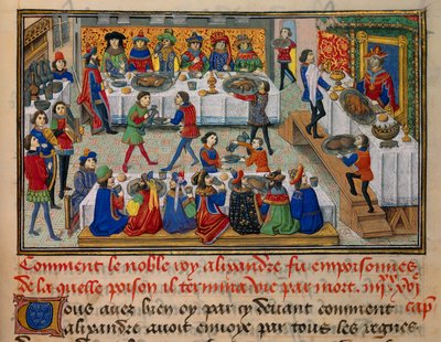Escena de banquete festivo, servido para el Rey Alejandro y sus cortesanos en los últimos días de su vida. Miniatura tomada de 