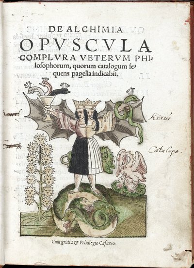 Mujer coronada, con doble rostro, de pie sobre un animal monstruoso, que blande una copa y una serpiente - Frontispicio de la colección De Alchimia opvscvla complvra vetervm philosophorum (Obra de alquimia según los antiguos filósofos) de Cyriacus Jacob (l de Unknown artist