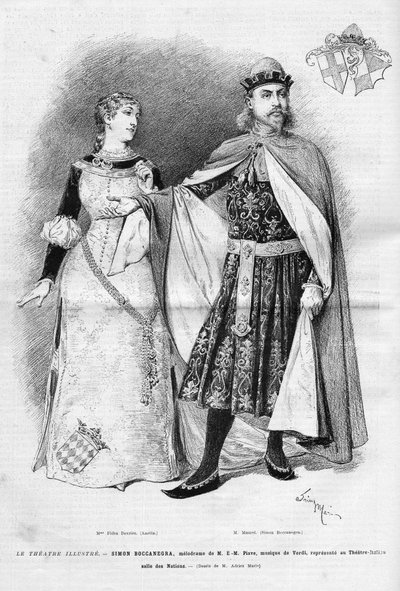 Fides Devries en el papel de Amelia y Victor Maurel (1848-1923) en el de Simon Boccanegra en la ópera homónima en tres actos de Giuseppe Verdi, con libreto de Francesco Maria Piave después de una obra de Antonio García Gutiérrez de Unknown artist