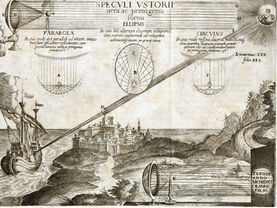 Espejos ardientes explicados por Kircher incluyendo el de Arquímedes - Grabado del siglo XVII de Unknown artist