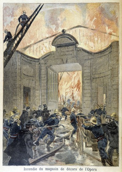 Intervención de los bomberos durante el incendio del taller de decorados de la ópera. ilustración del “Petit Journal” en 1894 de Unknown artist