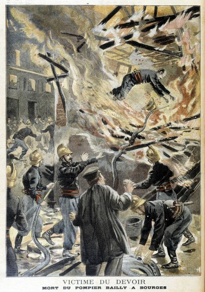 Bombero Bailly murió en Bourges en un incendio durante una intervención. Ilustración del "Pequeño Diario" de 1898 de Unknown artist