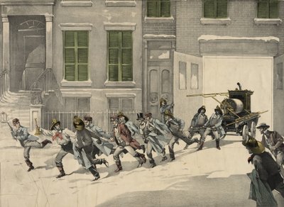 Bomberos saliendo a llamadas de emergencia en el sitio del incendio, acuarela de 1895. EE.UU. de Unknown artist