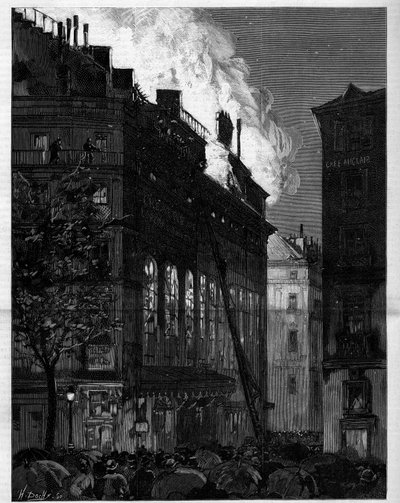 Incendio de la Ópera Cómica (Opéra-Comique) en París visto desde la Rue Marivaux y el Boulevard des Italiens el 26 de mayo de 1887. Grabado en “Le Monde Illustré” de Unknown artist