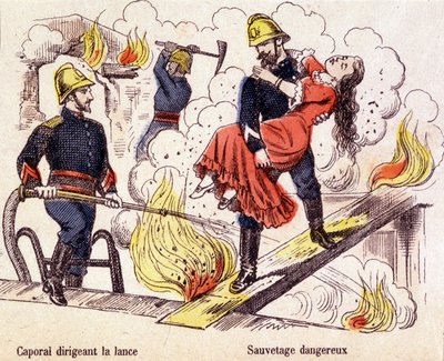 Bombero rescatando a una joven de las llamas de un incendio de Unknown artist