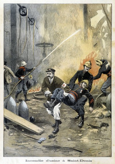 Bomberos interviniendo durante un incendio en Usine en Saint Denis. Ilustración del “Petity Journal” de 1899 de Unknown artist
