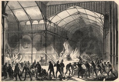 Bomberos tratando de detener el incendio de las Halles Centrales en París, 10 de julio. de Unknown artist