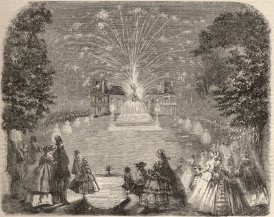 Fuegos artificiales e iluminación del castillo de Maison Laffitte en la noche del concurso del comité agrícola. Grabado en “Le Monde illustré” de 1857. Colección privada. de Unknown artist
