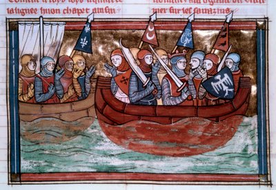 Primera cruzada: Godefroi de Bouillon (1060-1100) y las travesías hacia Tierra Santa. Miniatura del "Roman De Godefroy De Bouillon et de Saladin" de Unknown artist