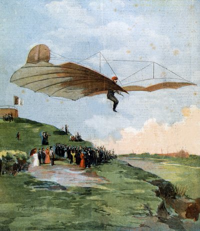 Primer ensayo de planeo de Otto Lilienthal (1848-1896), ingeniero alemán, en su aeronave en 1894 de Unknown artist