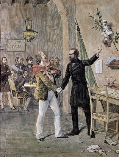 Primer encuentro entre Giuseppe Garibaldi y Giuseppe Mazzini en Marsella en 1833 de Unknown artist