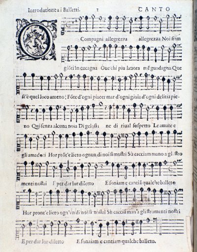 Primera página de Balletti para cinco voces de Giovanni Giacomo Gastoldi de Unknown artist